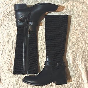 Aquatalia Like New Black Leather Stretch Woven Riding Boots W Sz 7 Made in Italy